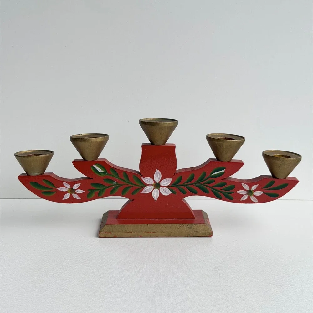Vintage Scandinavian Taper Candelabra Red Folk‎ Art Hand Painted Gold Floral